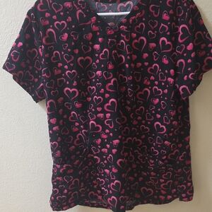 Heart Patterned Black and Pink Scrub Top